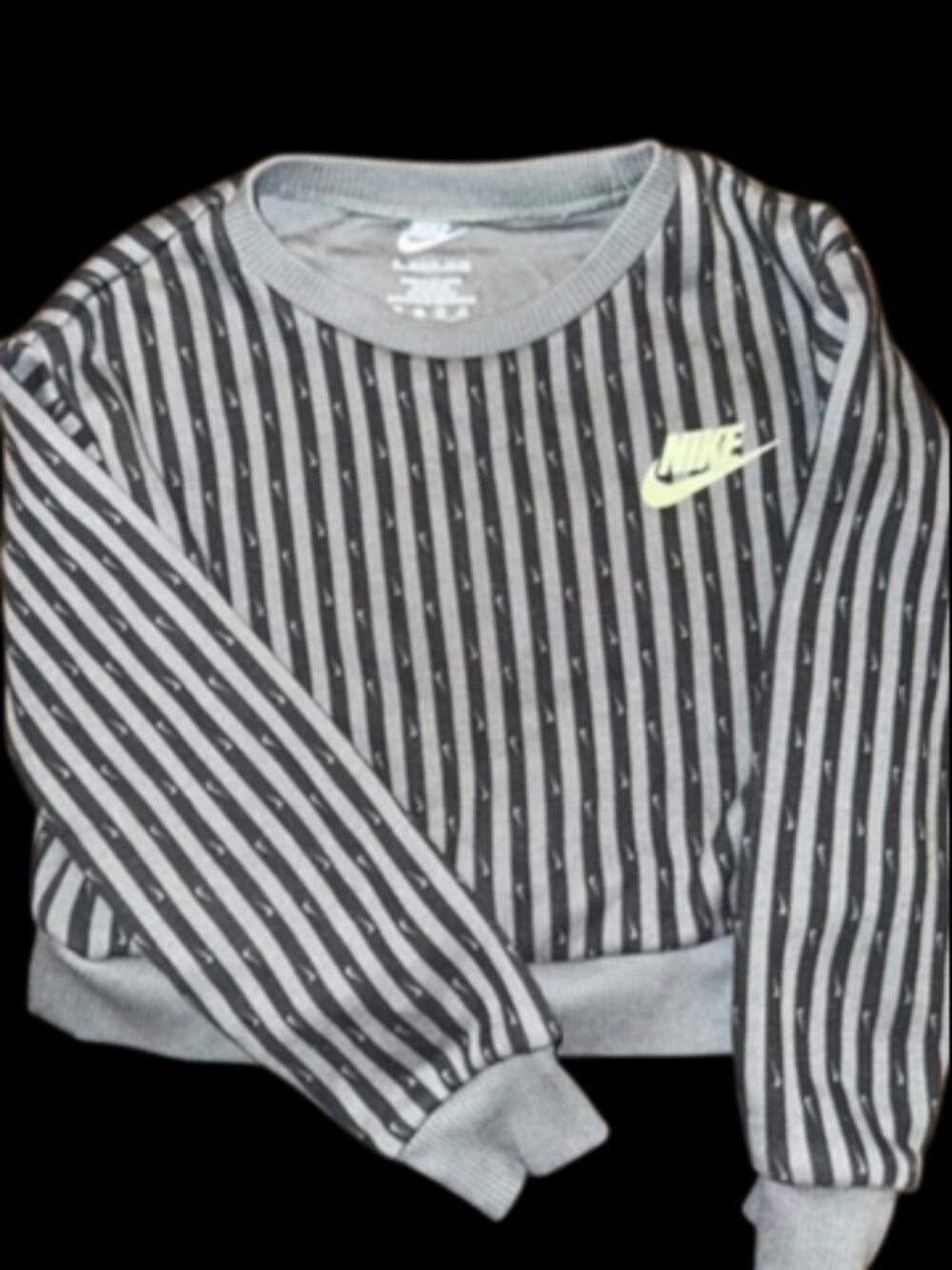 Nike Kids Vintage Gray Black Striped Crewneck Sweatshirt Volt Swoosh